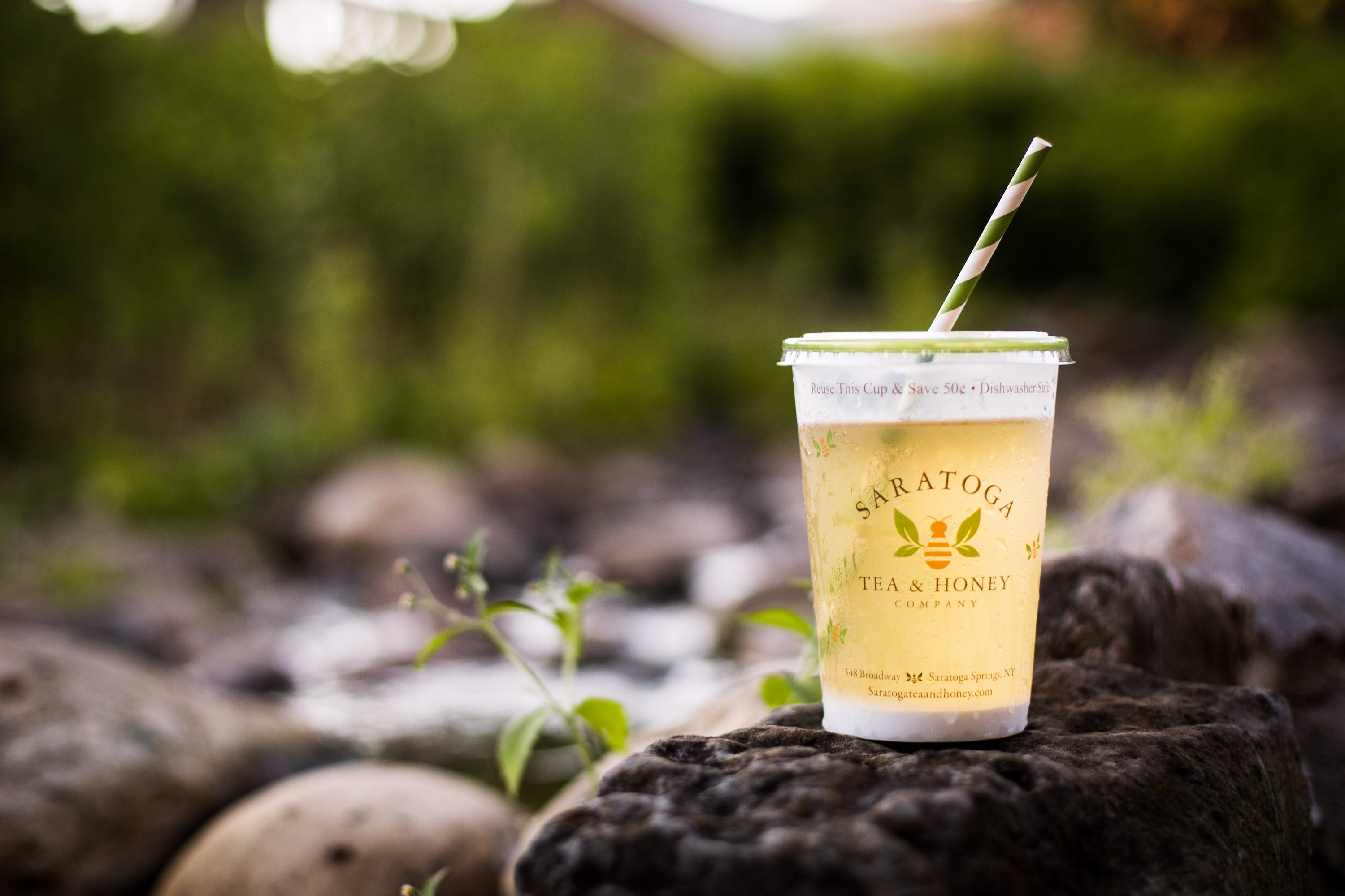 branded cup of Saratoga Tea & Honey Co. Iced Tea outside in nature