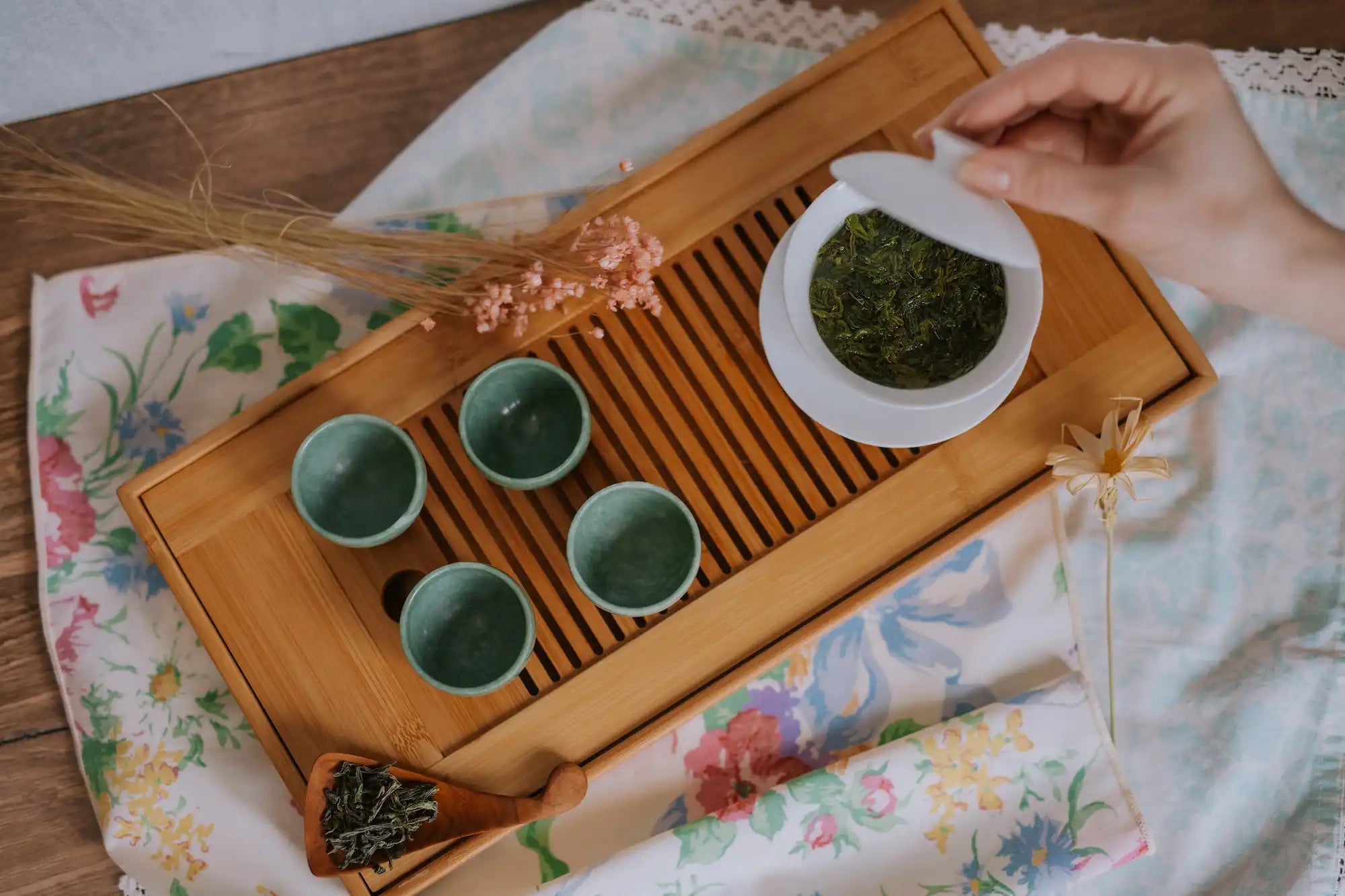 brewing chinese green tea in white gaiwan with green jade cups