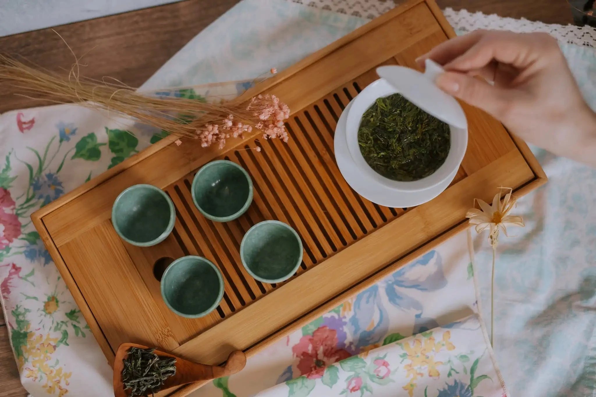 hand lifting lid on white gaiwan filled with green tea set on a bamboo tea boat next to four jade cups