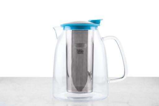 glass loose leaf teapot with blue top