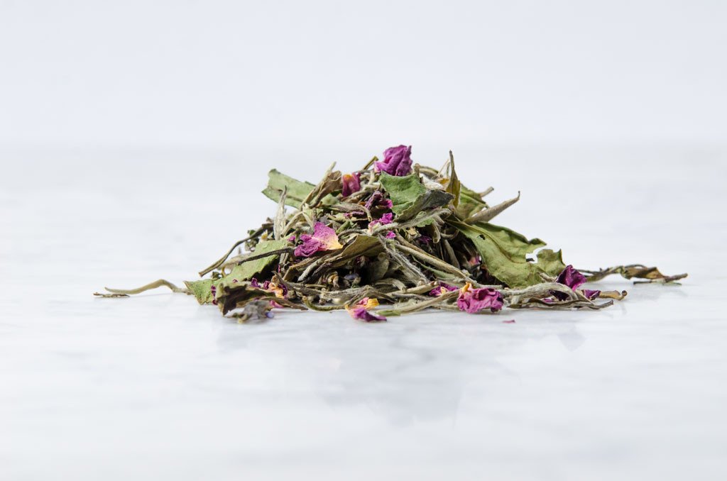 loose leaf white tea with rose, lavender, and mint