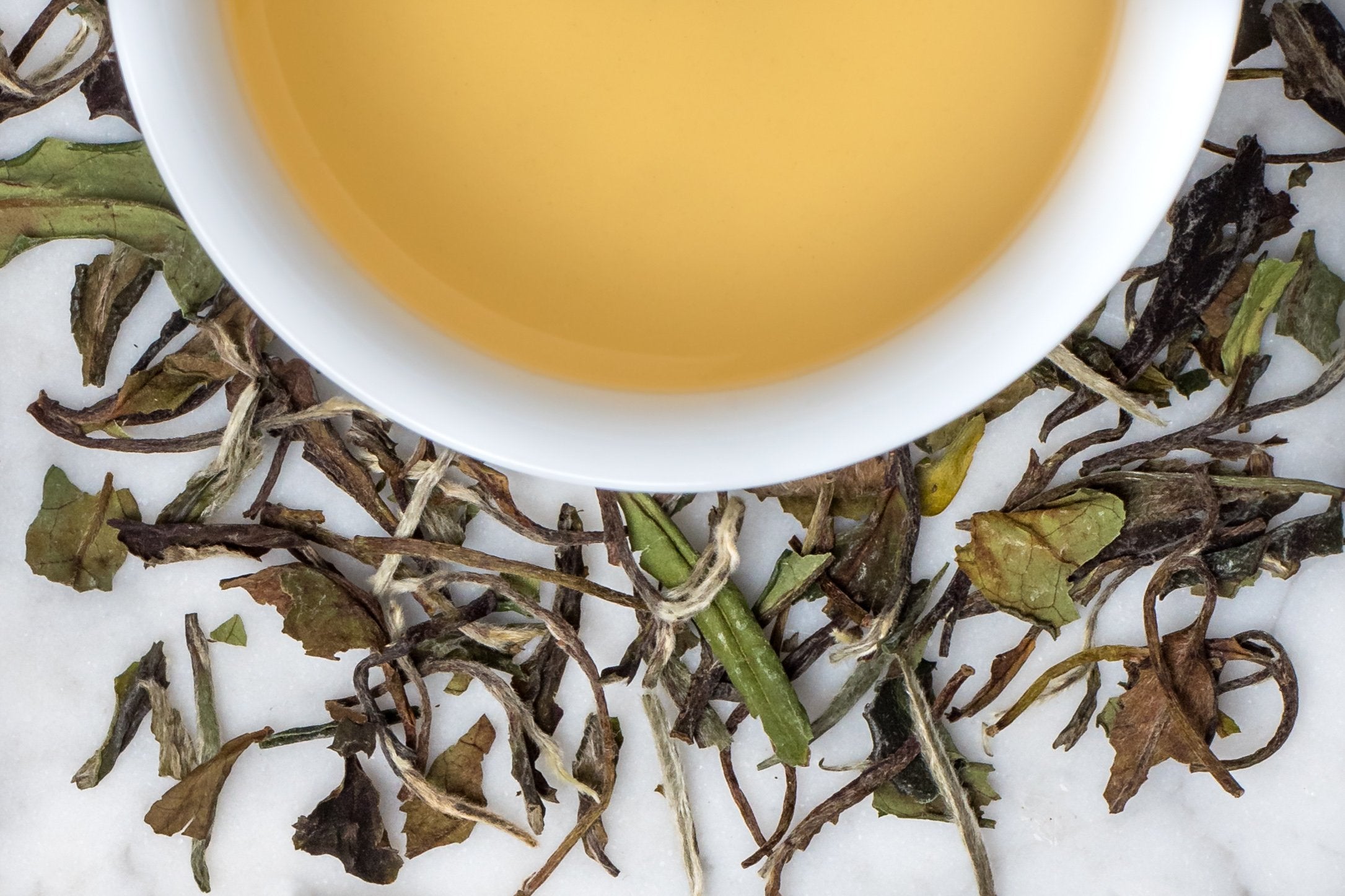 loose leaf Bai Mu Dan Wang White Peony white tea surrounding a white cup with brewed tea