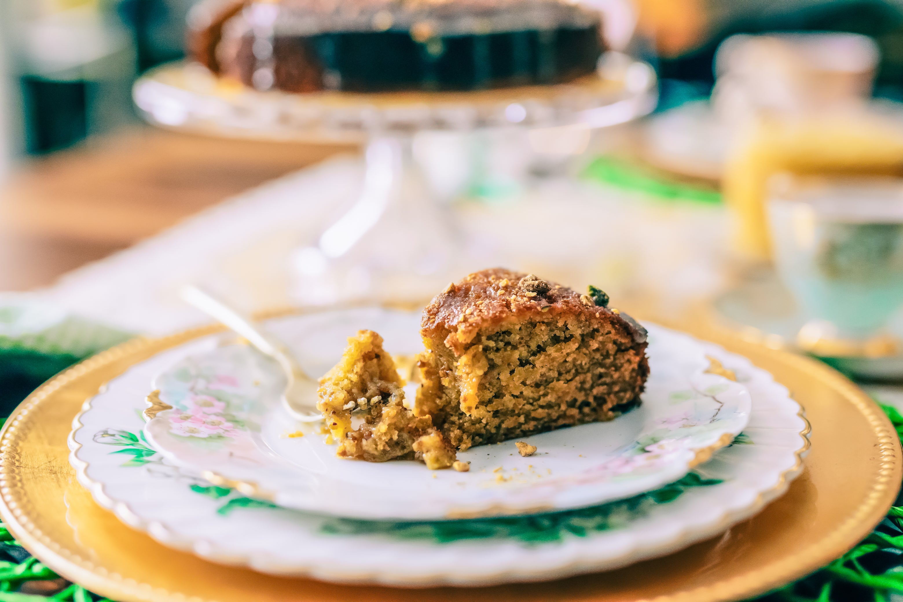 piece of honey olive oil cake with bite on fork