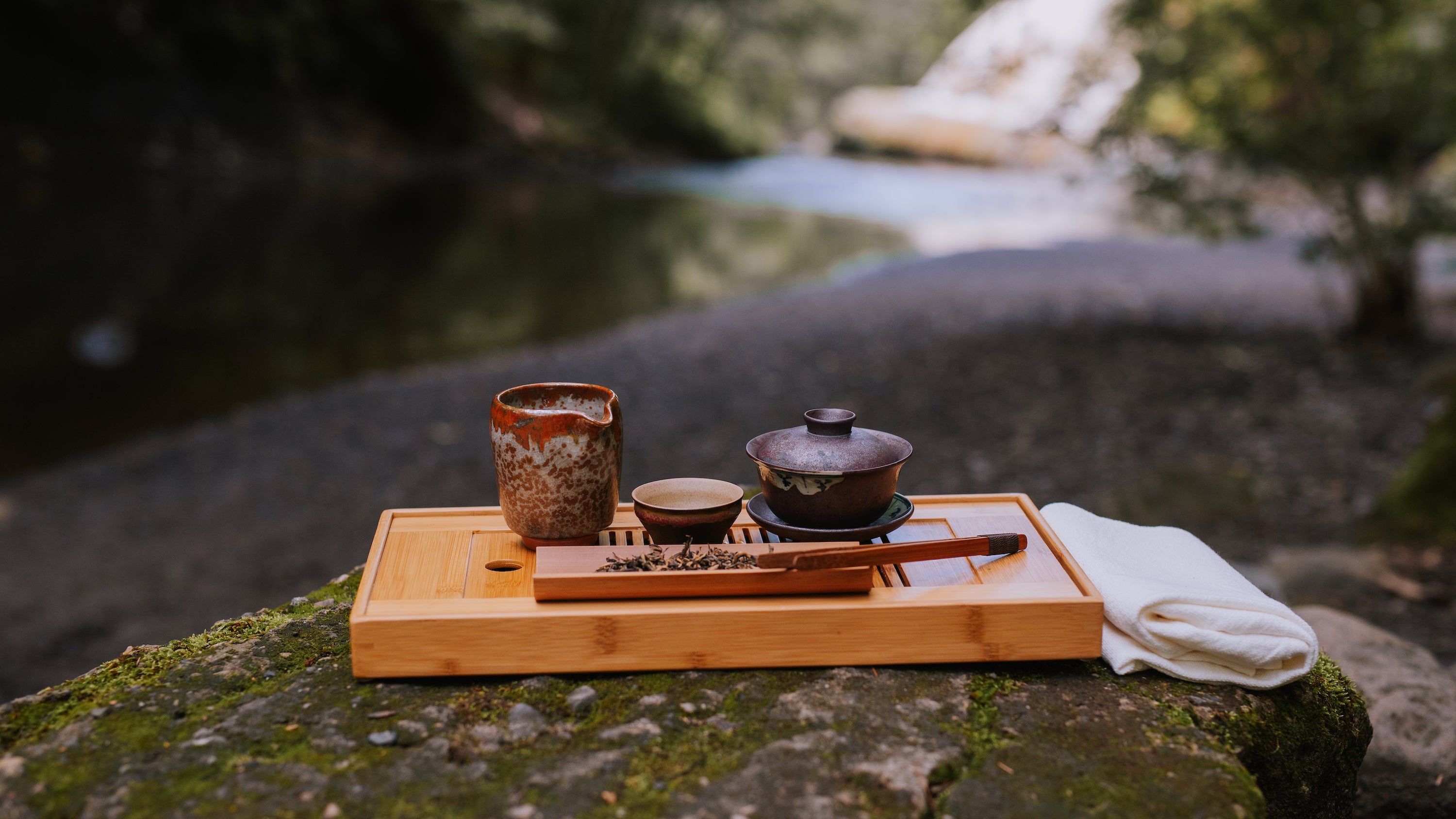 teaboat resting on a rock with geyser spring in the background and holding a gaiwan, pitcher, small cup and black tea