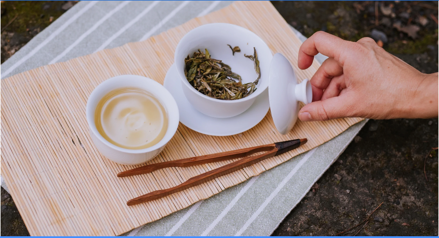 hand removing lid of gaiwan full of white tea sitting next to small cup of white tea