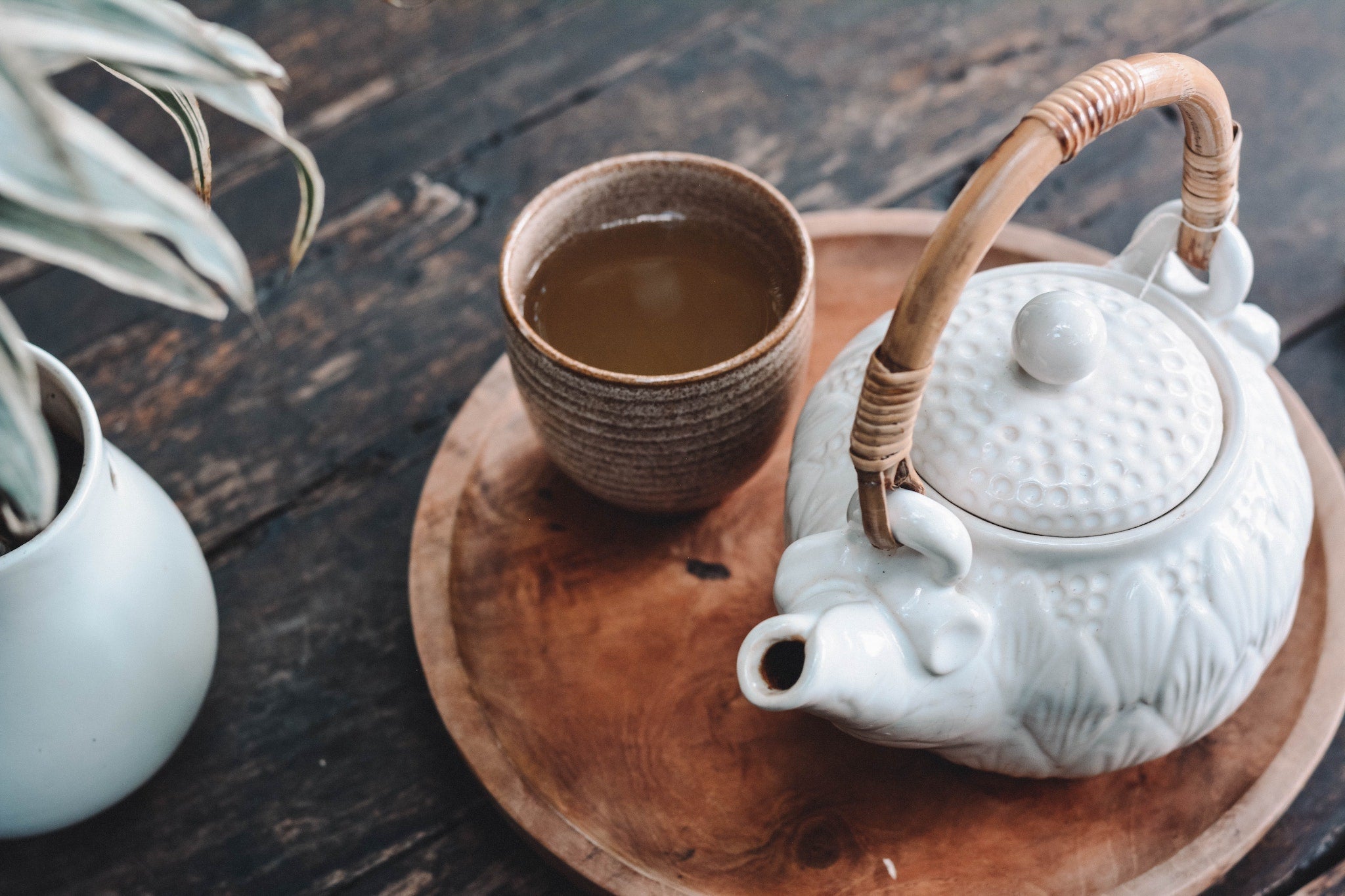 white teapot with cup of tea and plant in soothing muted tones