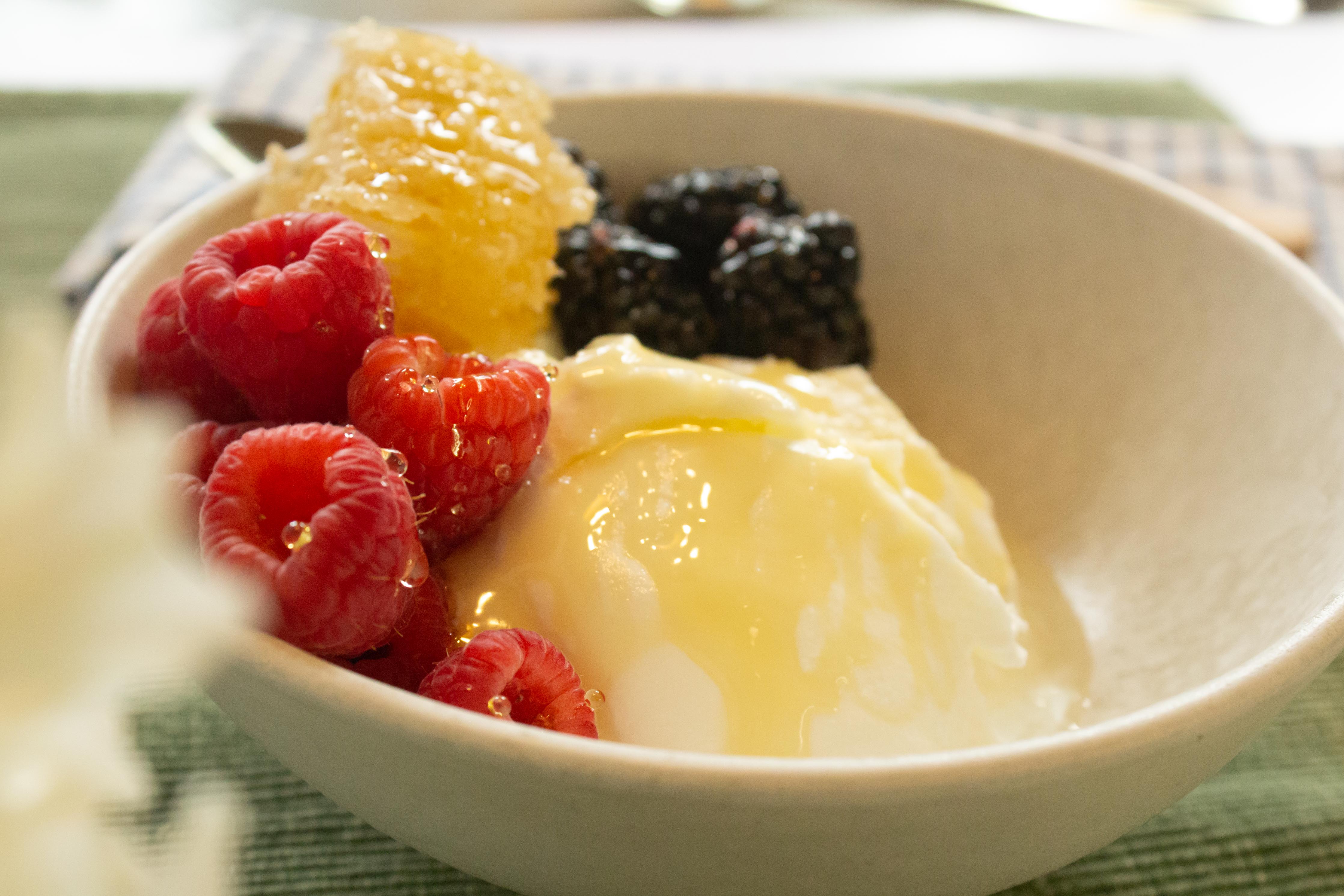 closeup of yogurt, berries and honeycomb in an off-white bowl