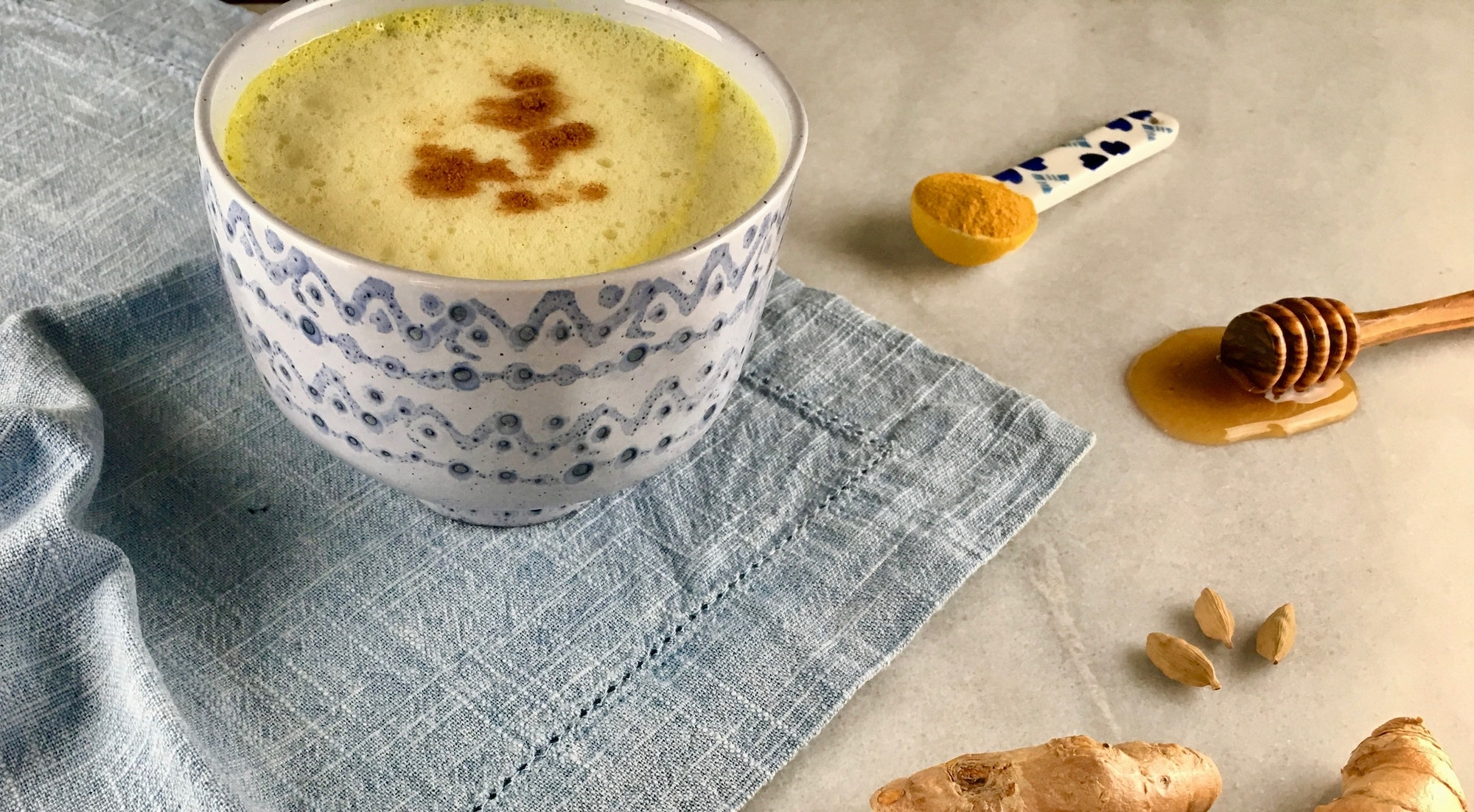 golden milk tea latte with honey and turmeric and ginger