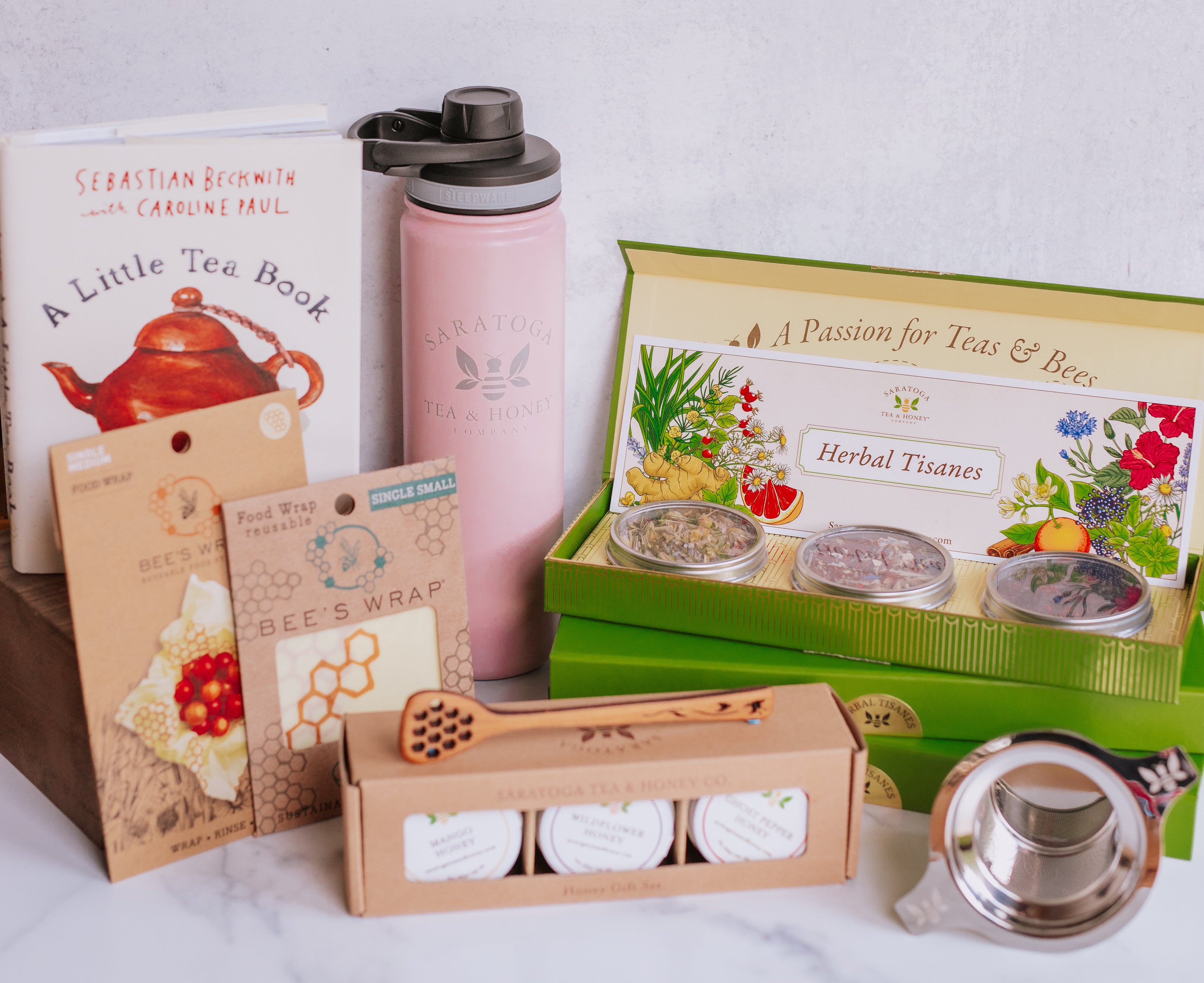 collection of gifts and accessories from saratoga tea and honey co.