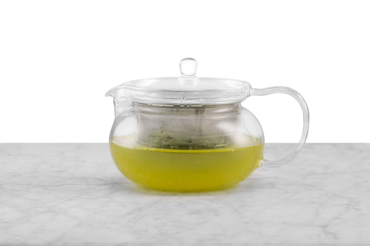 A glass teapot with a metal infuser filled with green tea.