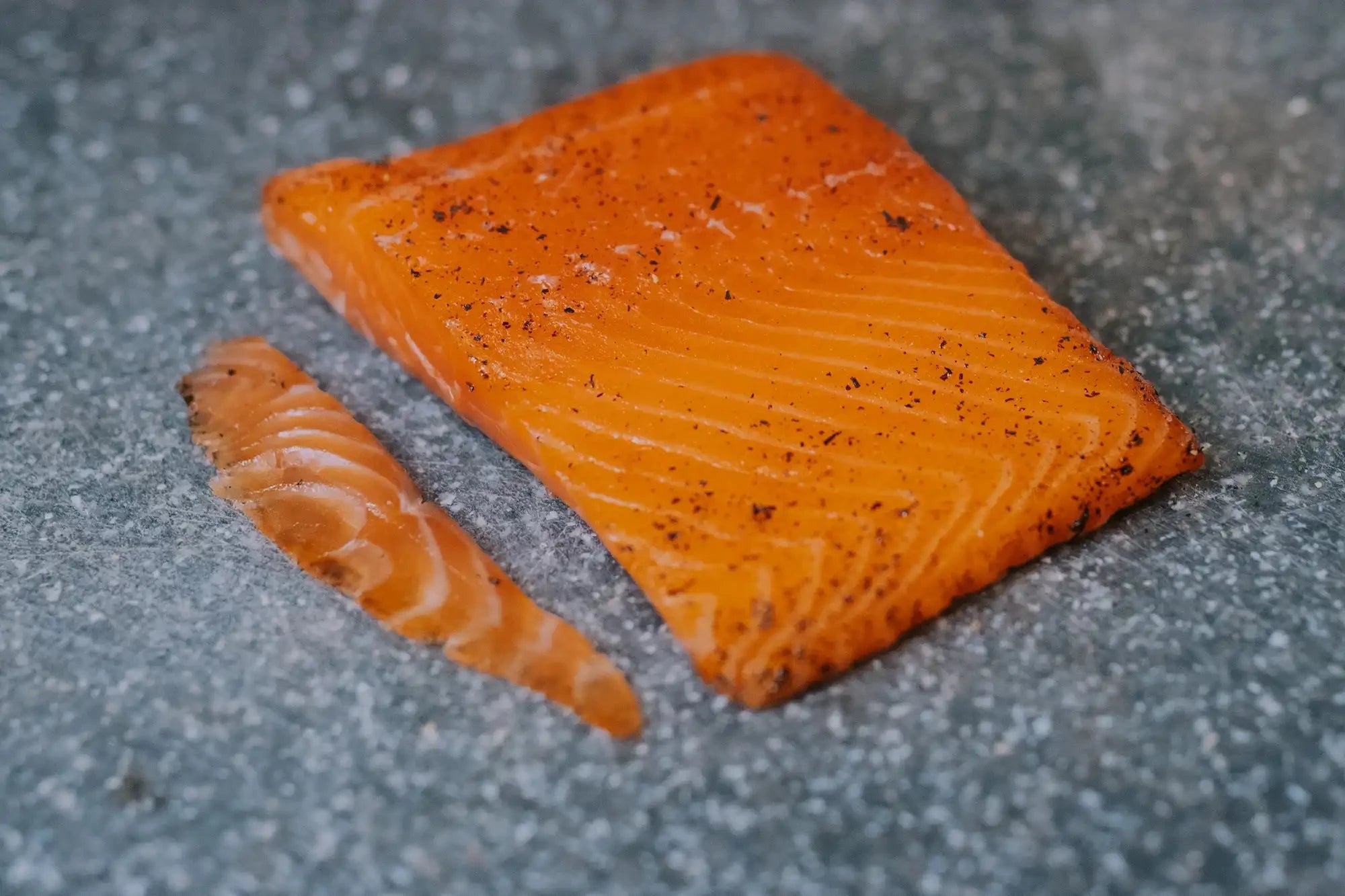 close up of slice of tea cured salmon