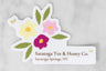 Vinyl sticker with illustration of flowers and bees reading Saratoga Tea & Honey Co., Saratoga Springs NY