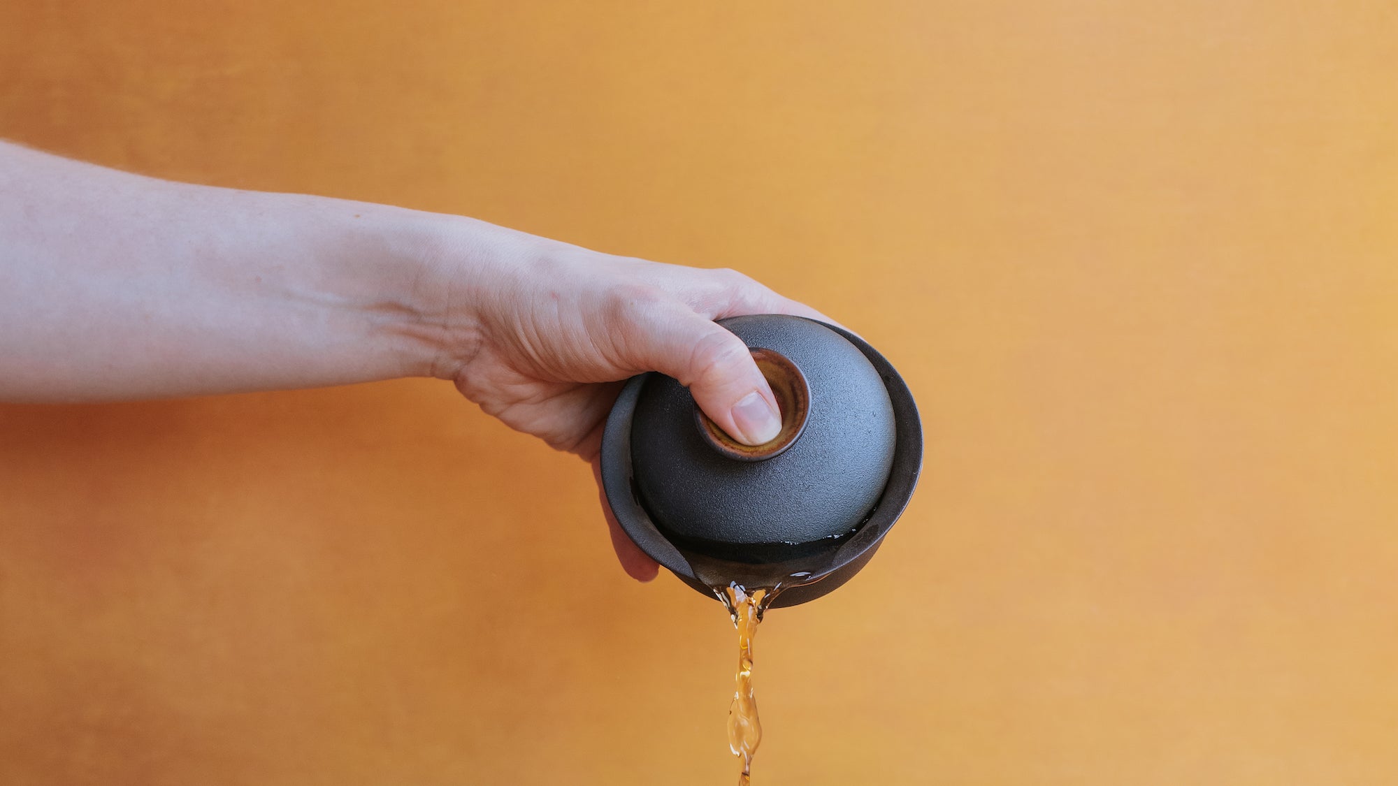 hand pouring oolong tea from a dark clay gaiwan against a yellow background