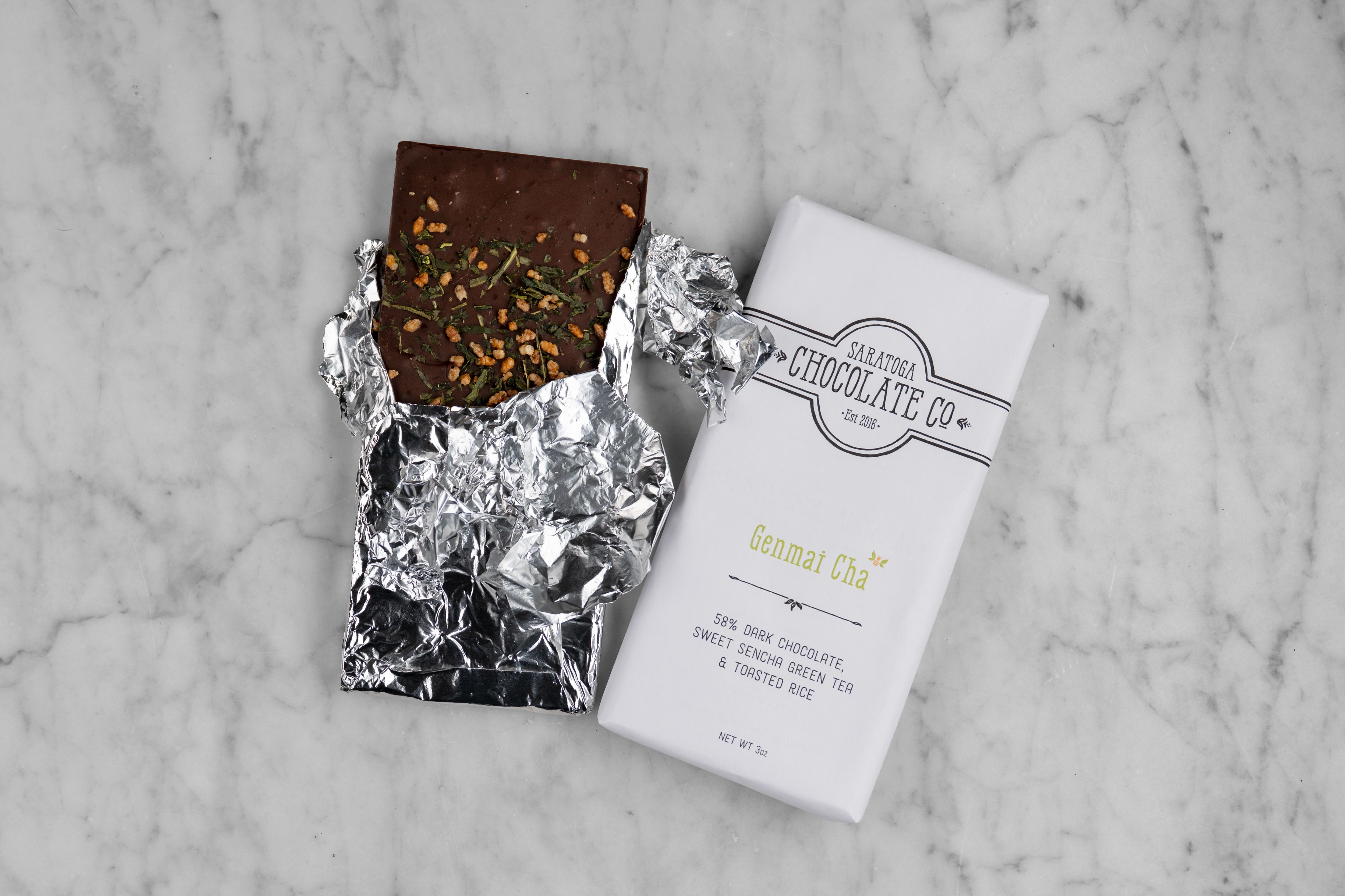 A Genmai Cha Dark Chocolate bar from Saratoga Chocolate Company.