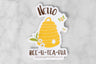 tea pun and honey pun vinyl sticker with illustration of a skep with bees, tea leaves, and flowers reading: hello bee-u-tea-ful