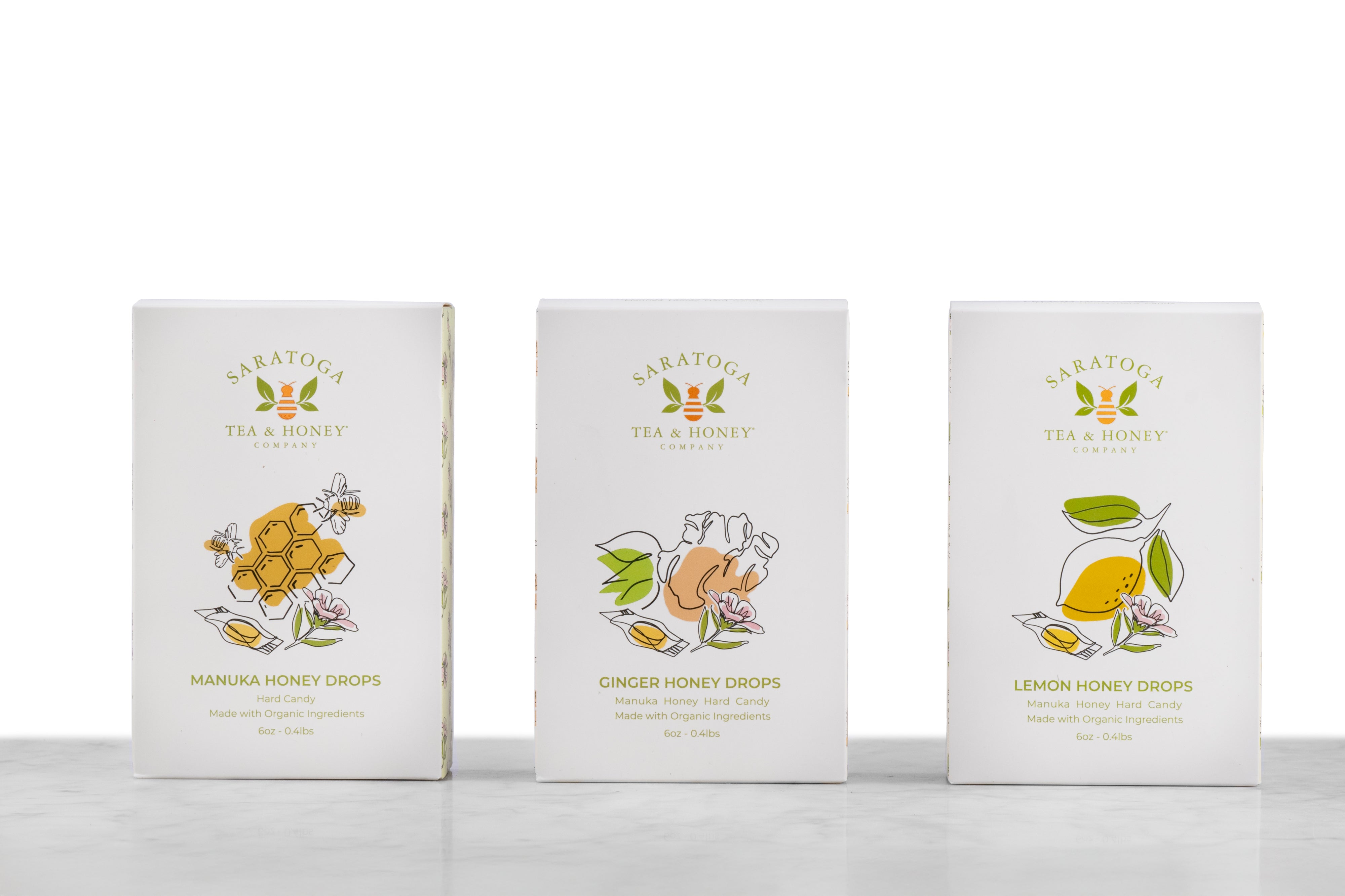3 boxes of manuka honey candy from Saratoga Tea & Co. From left to right: Manuka, Ginger, Lemon