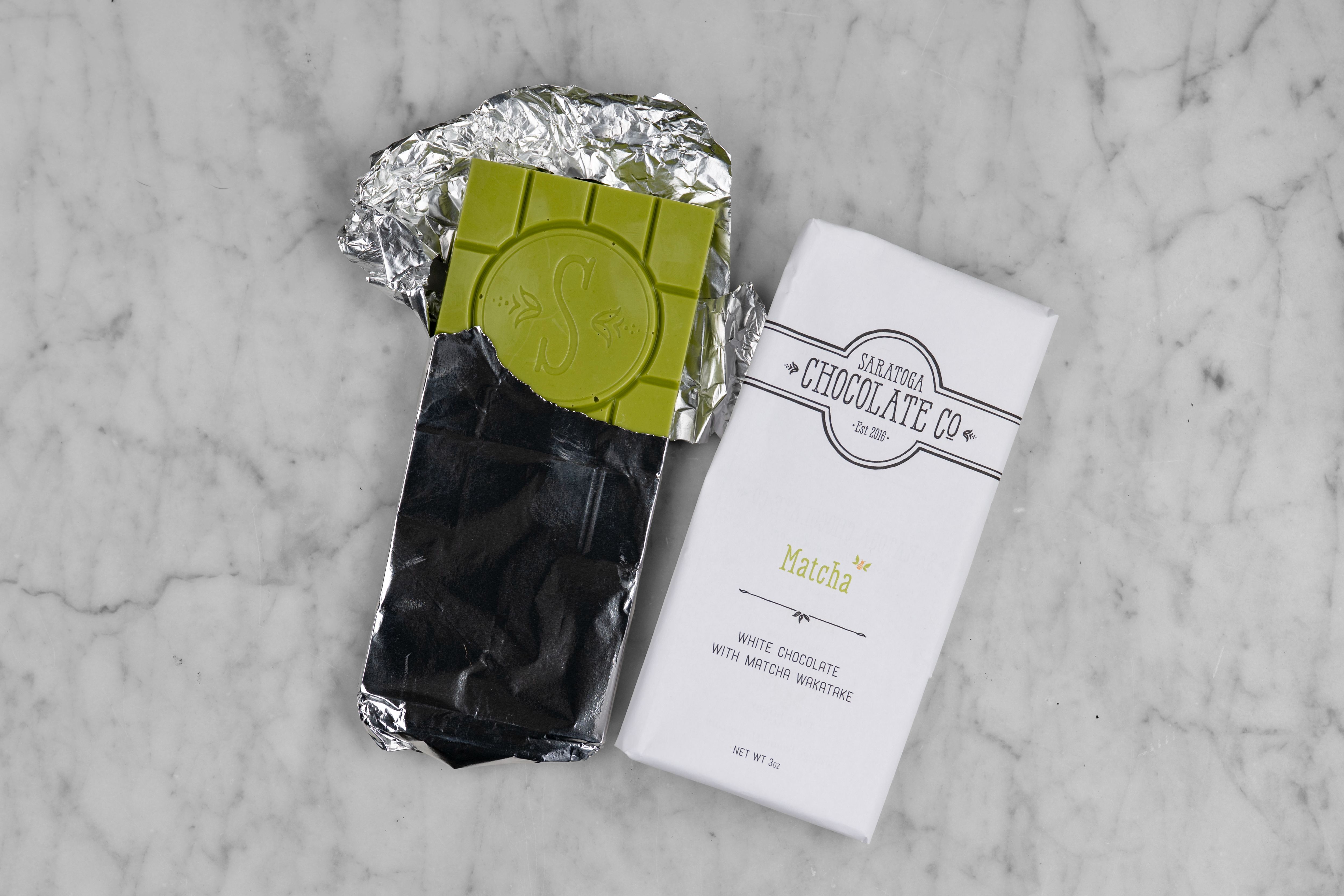 A Matcha White Chocolate bar from Saratoga Chocolate Company.
