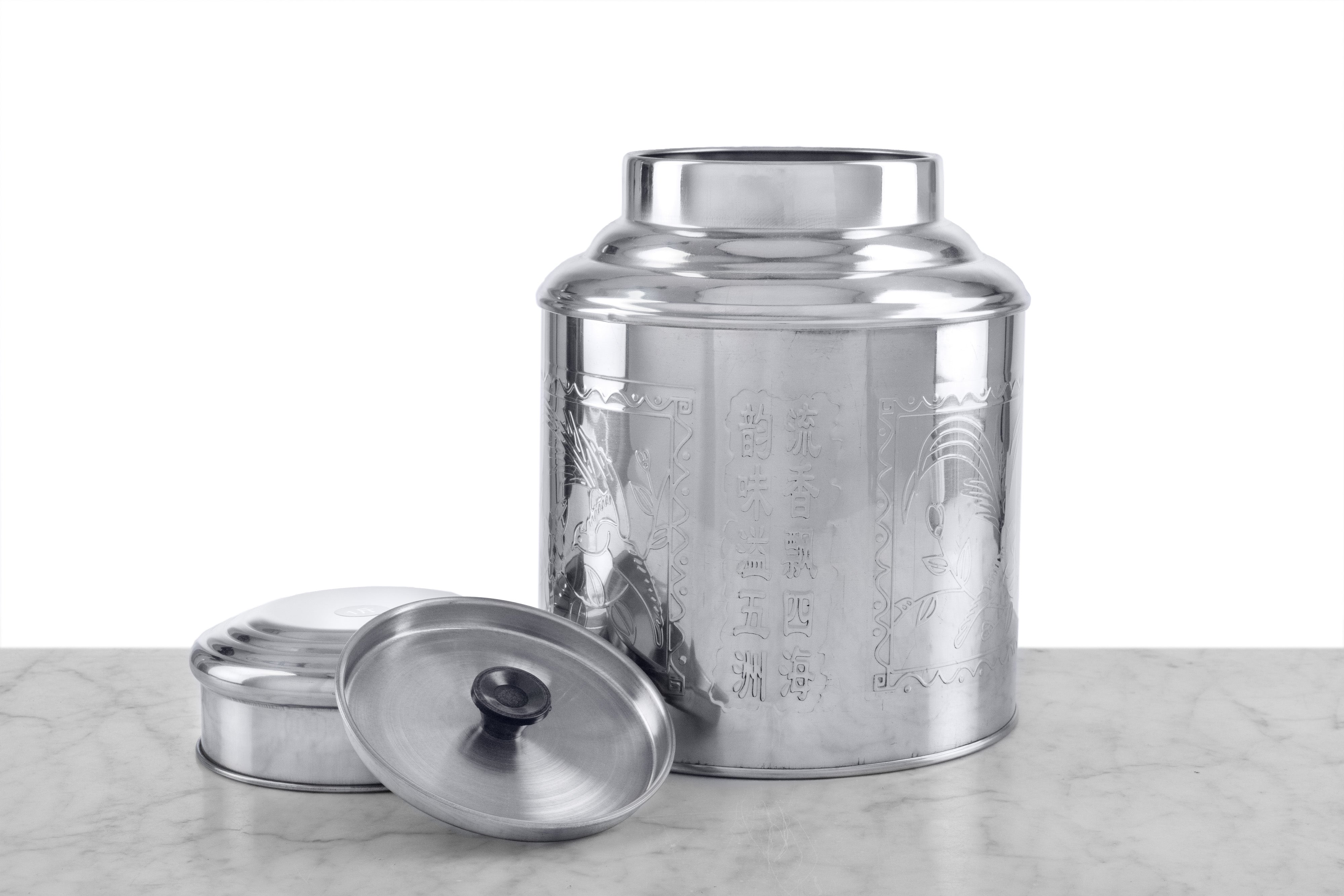 medium pressed tin tea canister with lid and inner lid