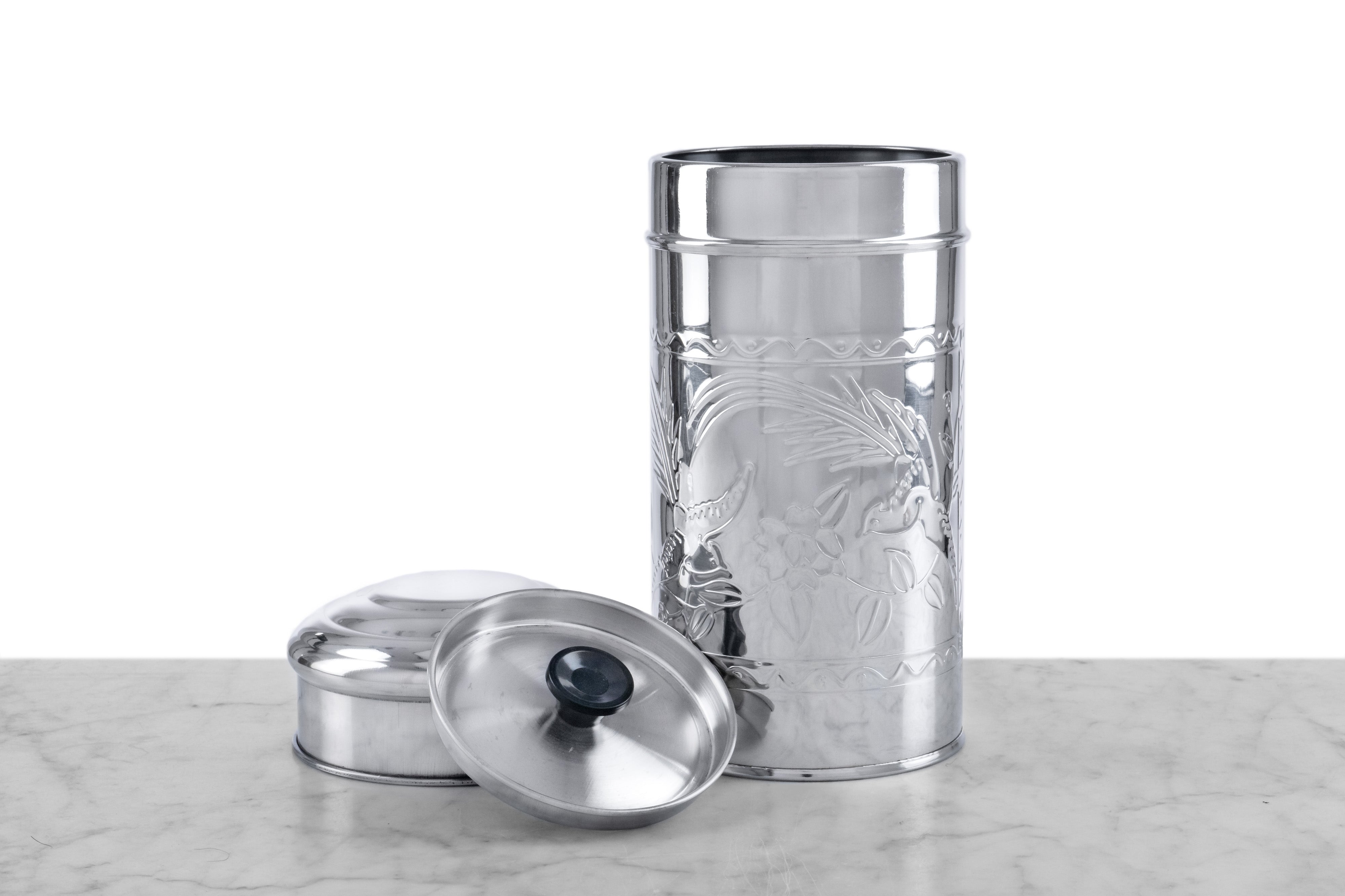 small pressed tin tea canister with lid and inner lid