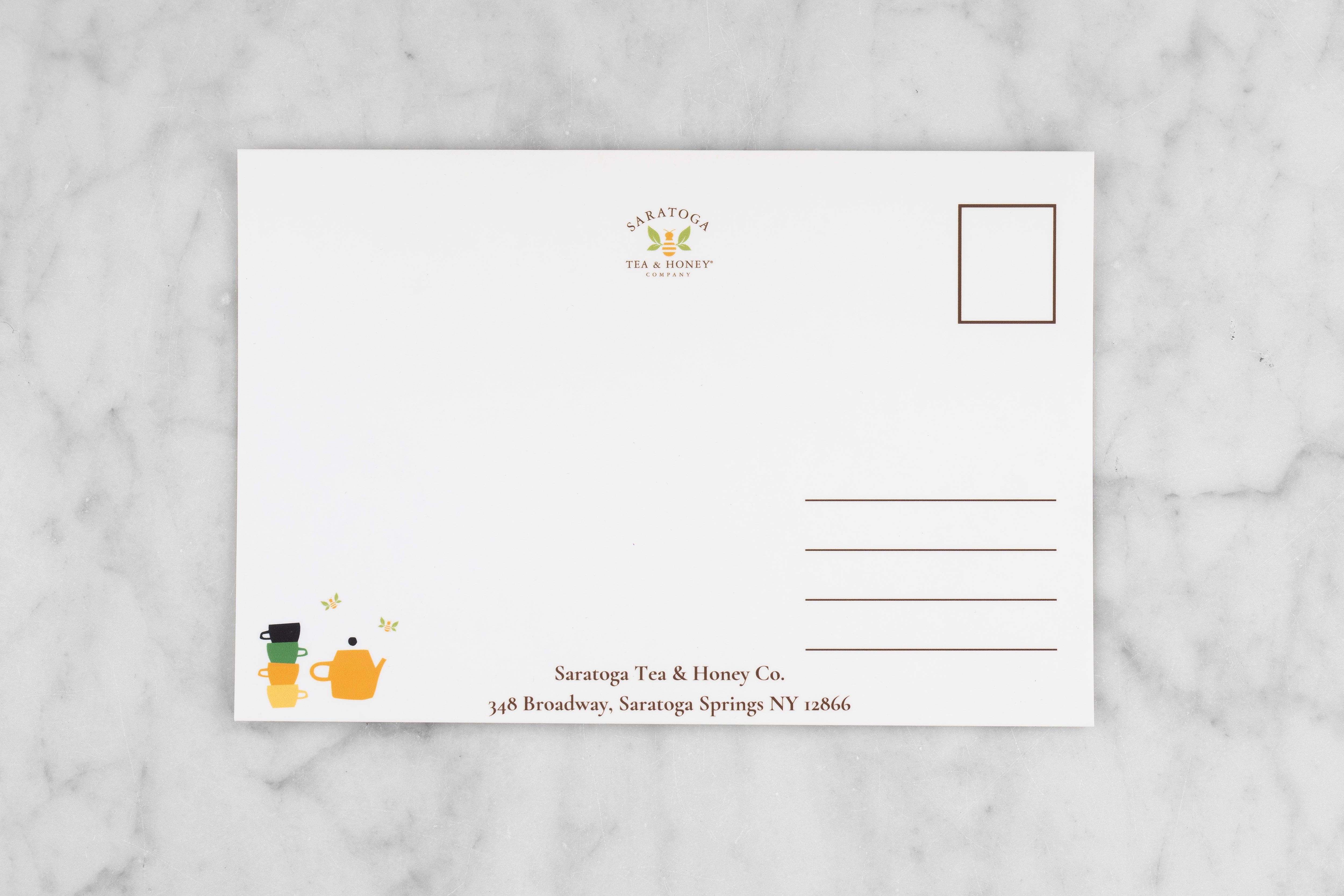 back of saratoga tea and honey co postcard