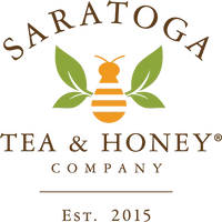 Logo for Saratoga Tea & Honey Co. Reads: Saratoga Tea & Honey Company, Est. 2015 and features a bee with tea leaf wings.
