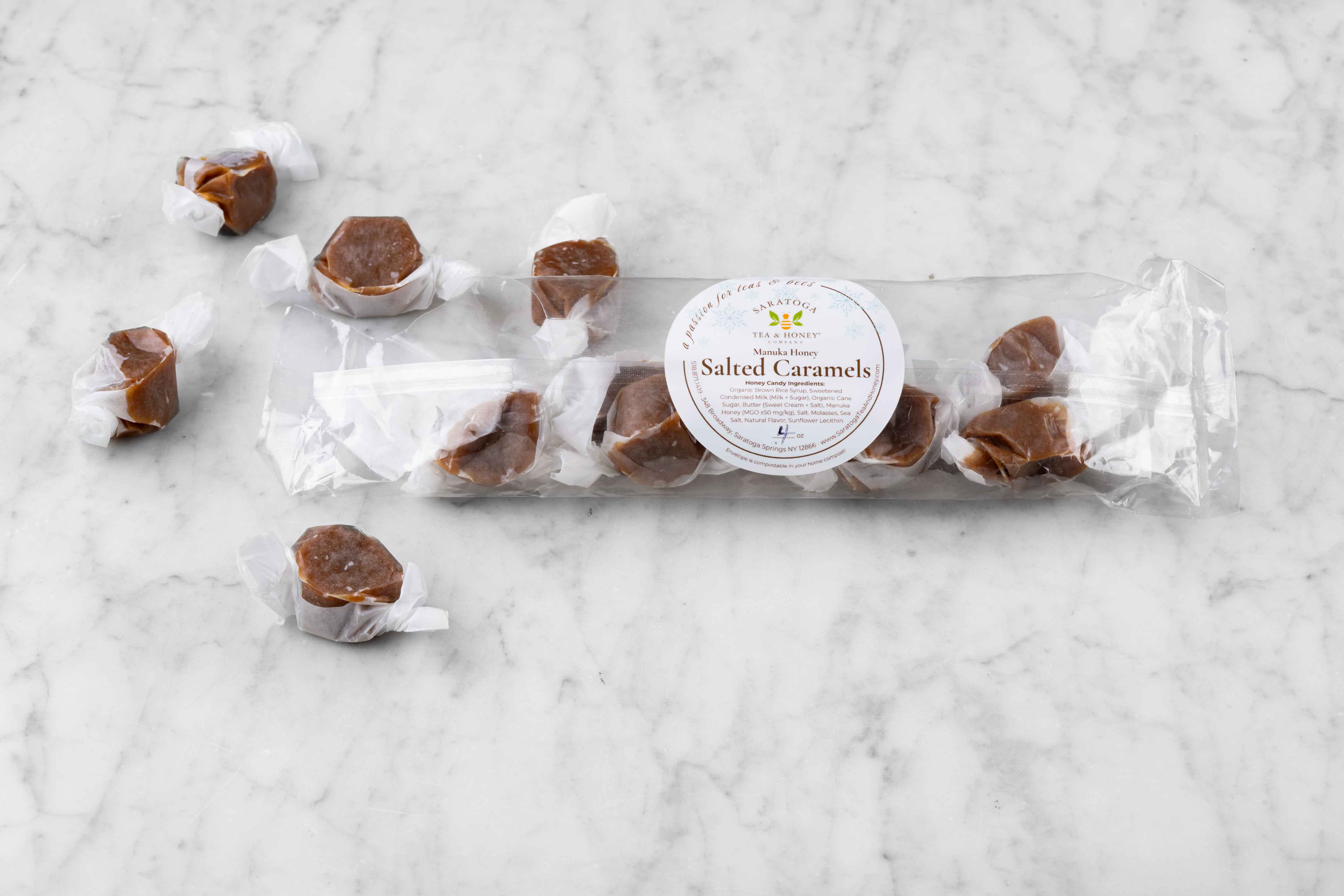 An opened bag of salted caramel candies 