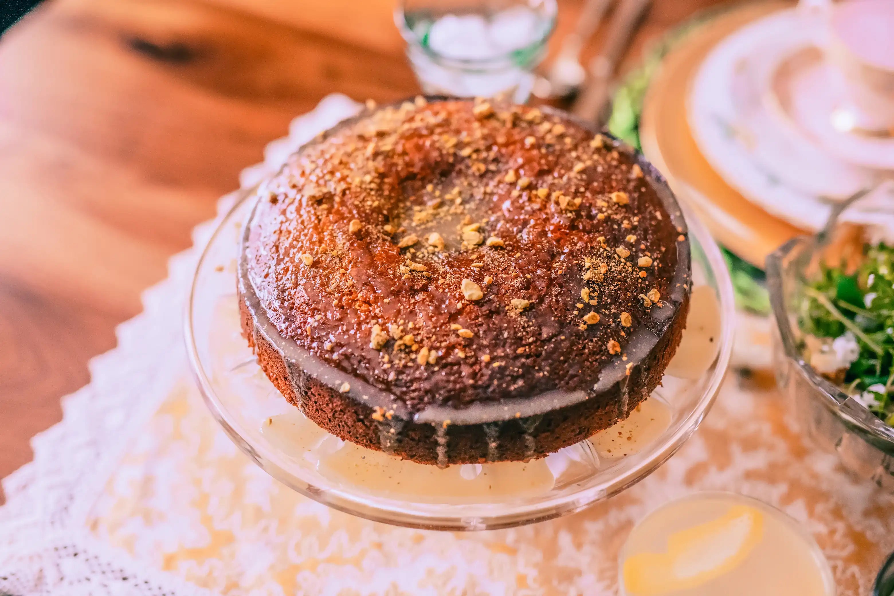 whole honey olive oil cake with orange and pistachio at a spring brunch