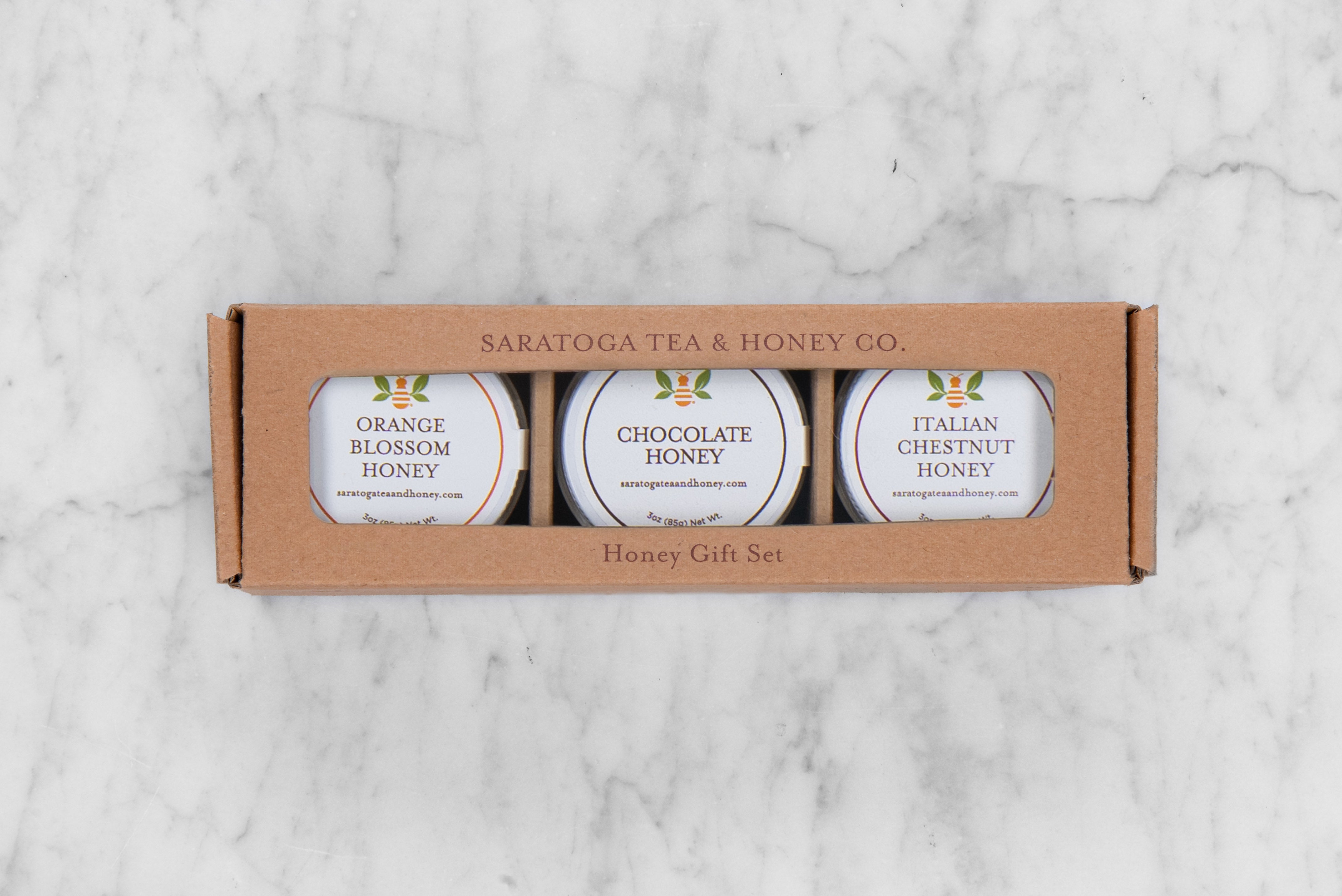 three pack honey sample set featuring orange blossom, chocolate, and Italian chestnut honeys