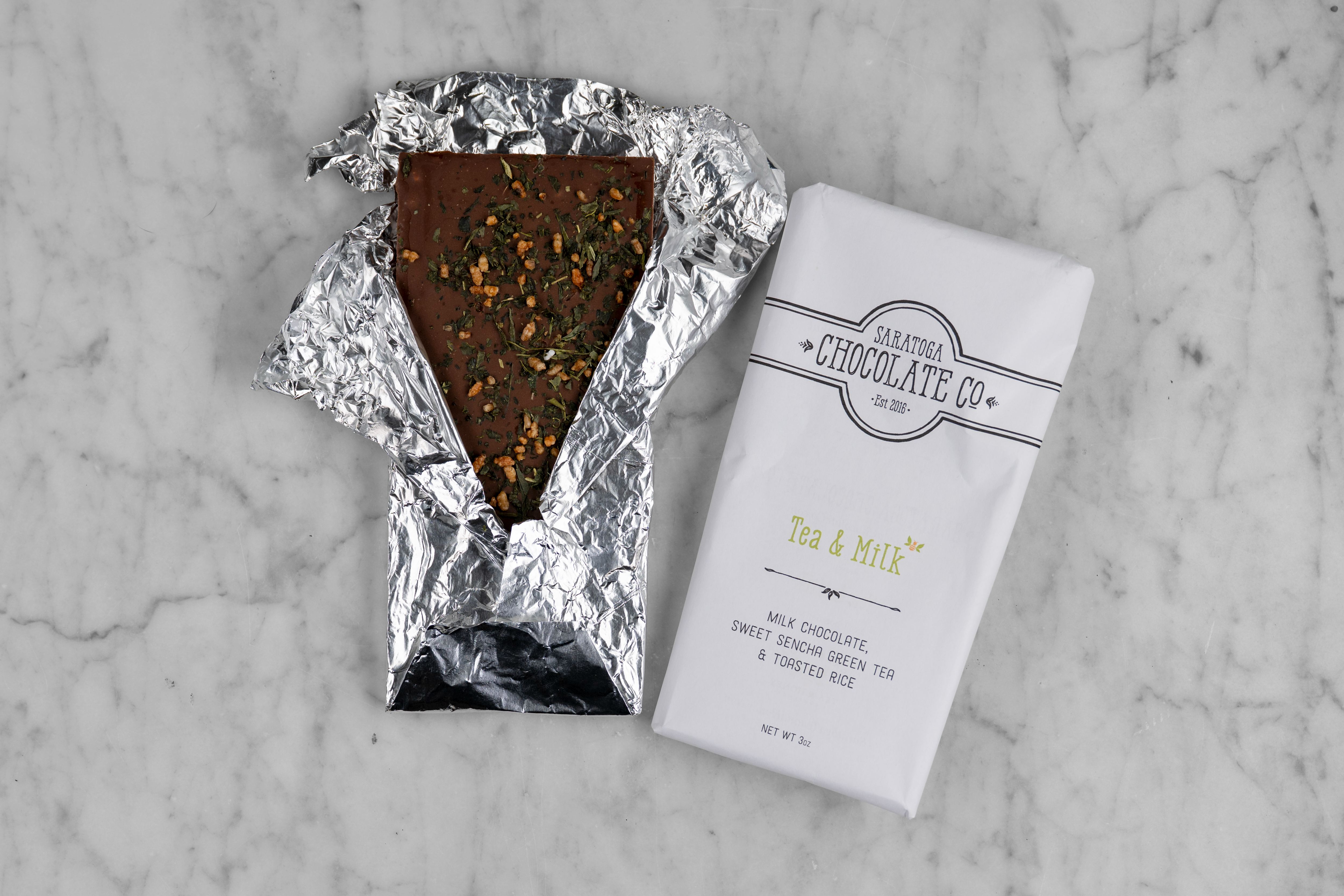 A Tea And Milk chocolate bar from Saratoga Chocolate Company.