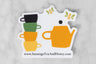 die cut vinyl sticker of tea pot and cups with flying bees