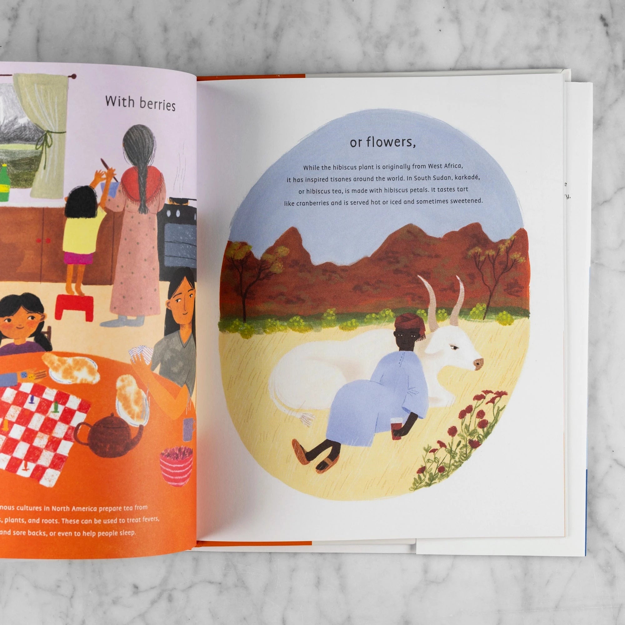 Story excerpt from Teatime Around the World. Illustrations show indigenous women and children making tea with berries and a dark skinned man leaning against a yak with a cup of tea. It reads "with berries or flowers..."