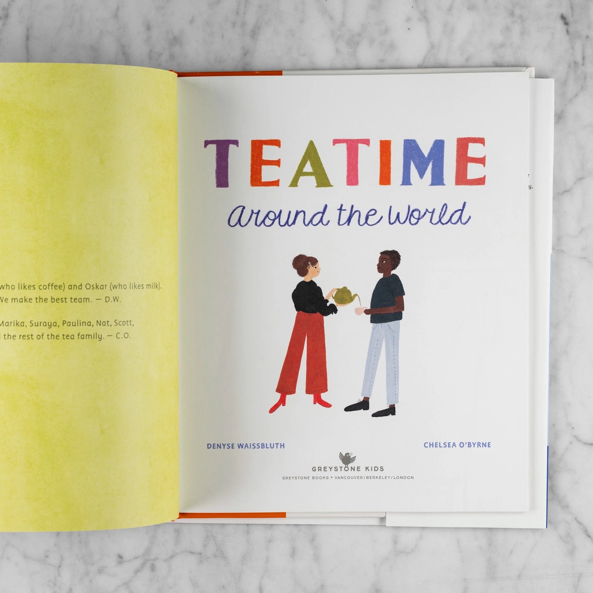 Title page of Teatime Around the World by Denyse Waissbluth and Chelsea O'Byrne. Illustration shows a white woman pouring a cup of tea for a dark-skinned man. 