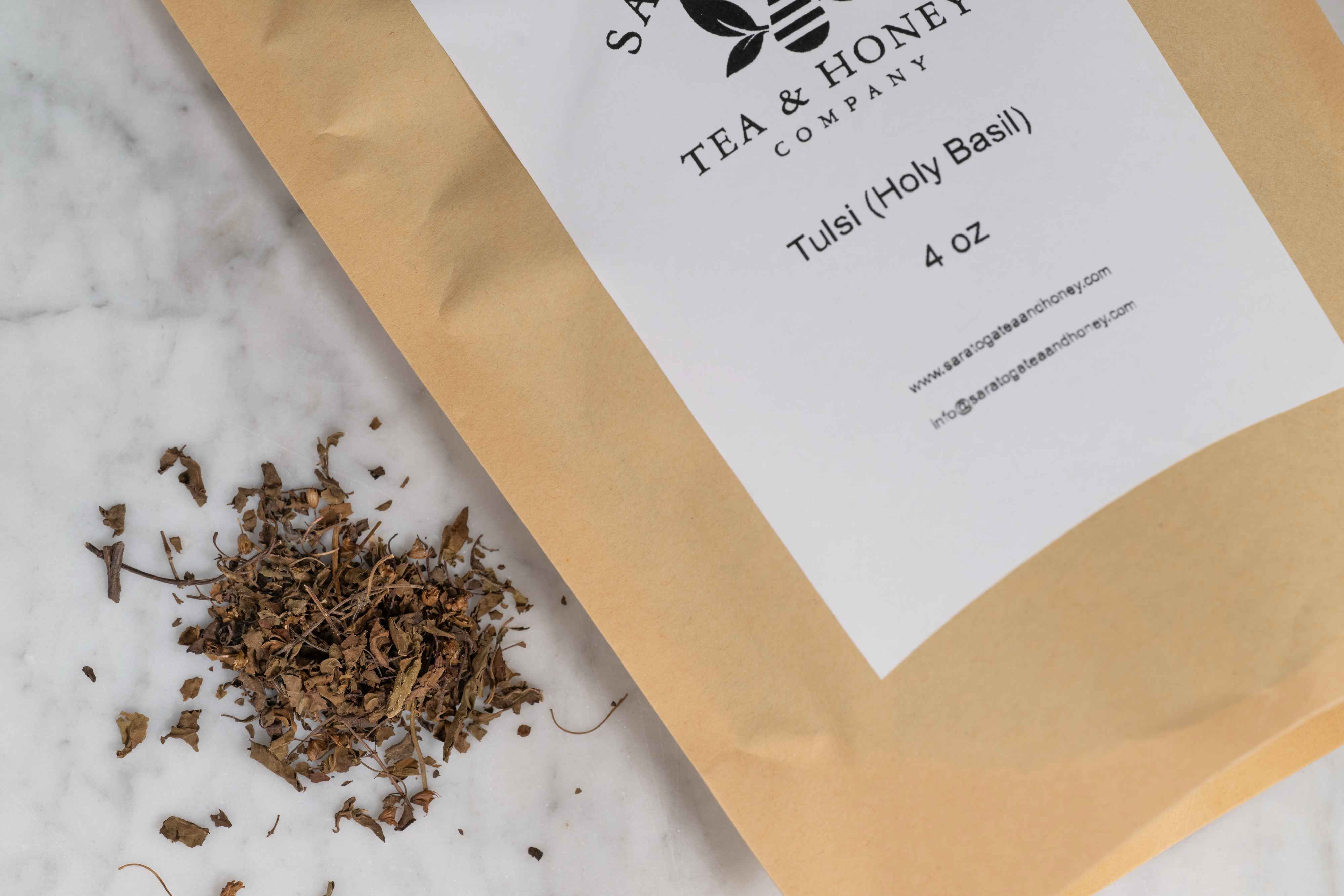 A 4 ounce bag of organic holy basil leaves