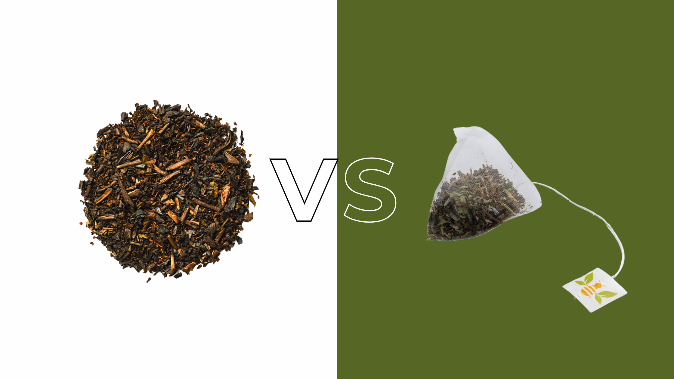graphic showing loose leaf tea the letters VS and a Saratoga Tea & Honey Co tea sachet