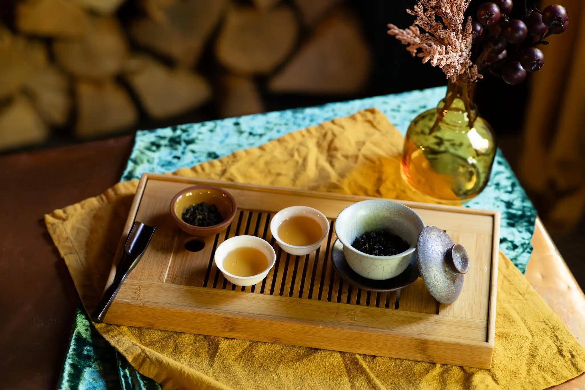 Dong Ding Taiwanese oolong tea served gongfu style in a gaiwan with two small cups