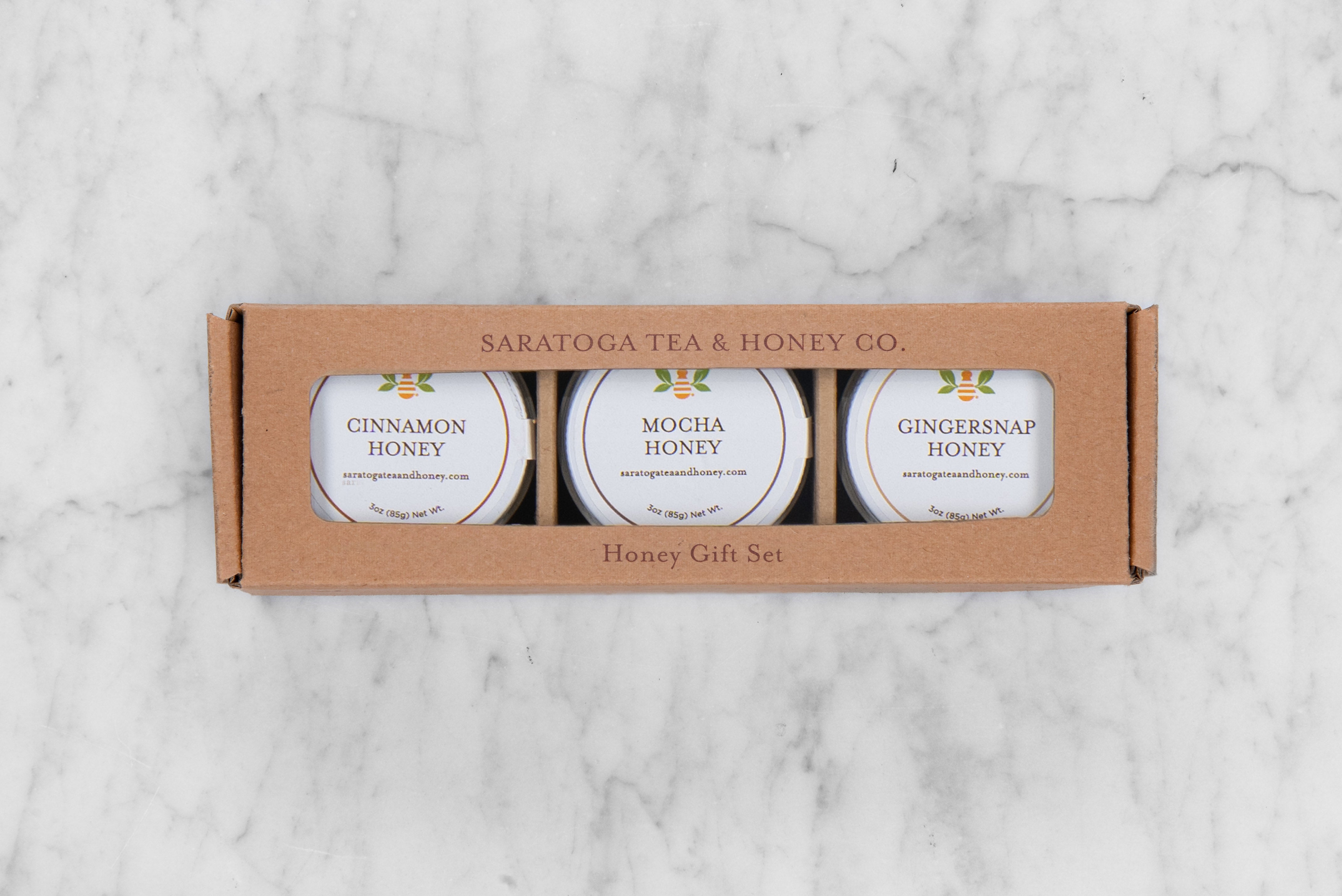 honey three-pack sample set featuring three indulgent honeys: cinnamon, mocha, and gingersnap honey