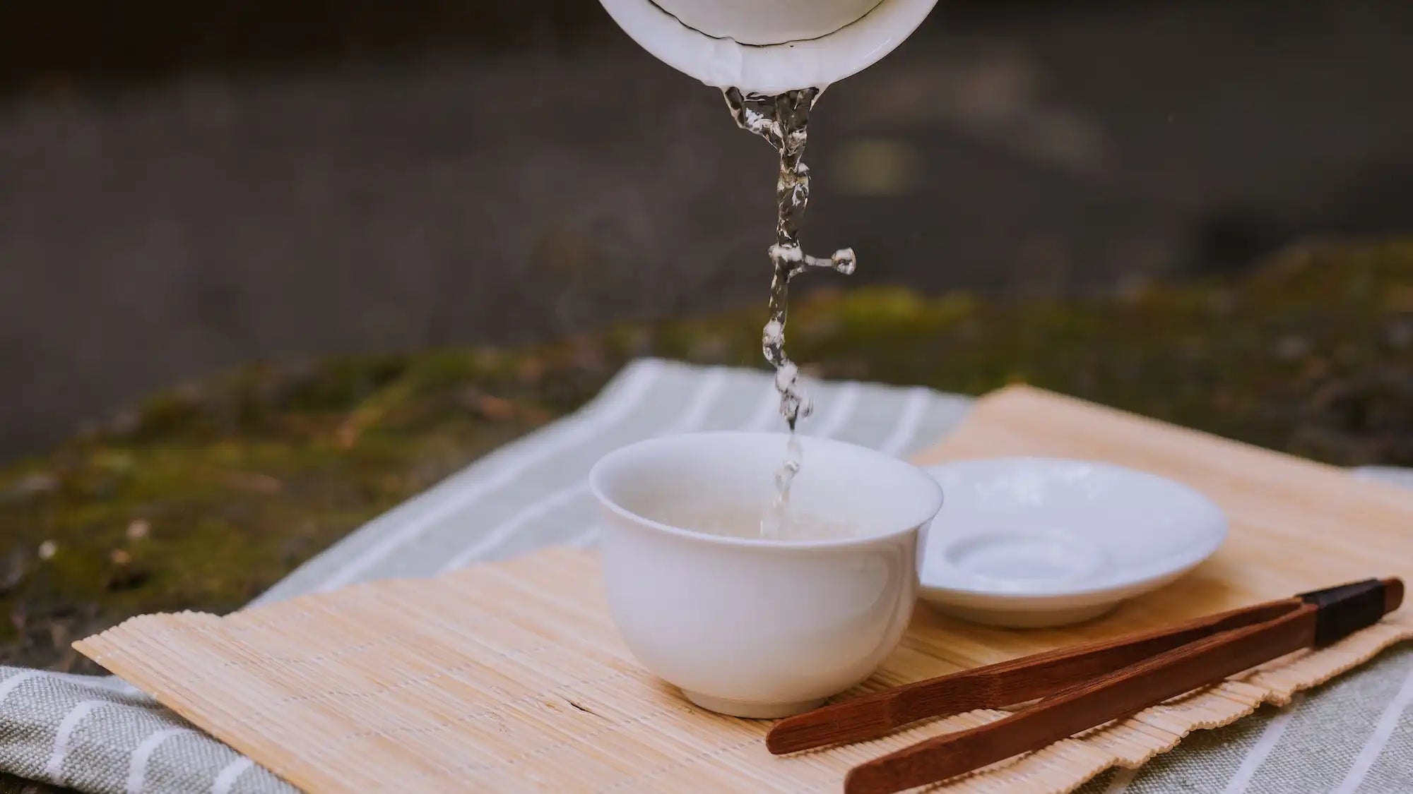 pouring white tea from a white gaiwan into a white cup set atop a mossy rock