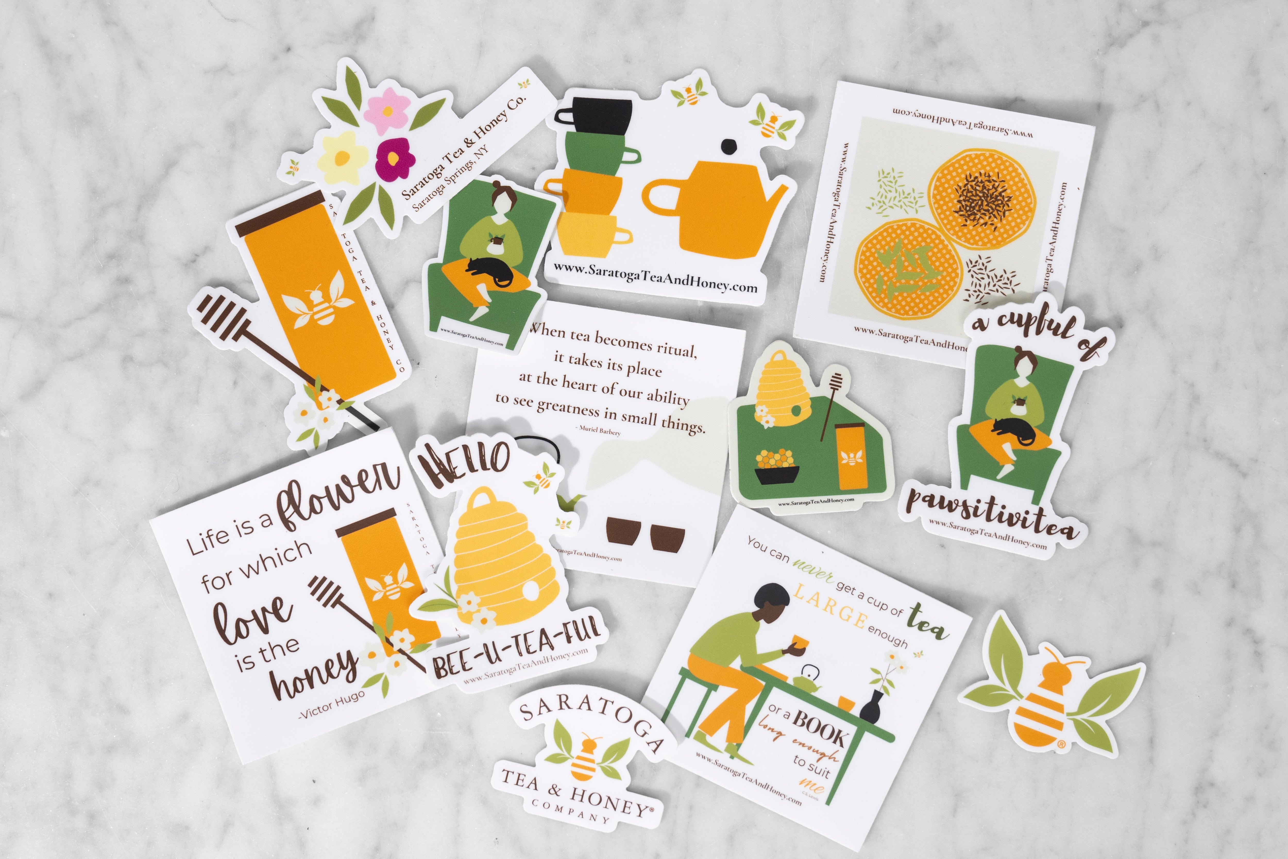 collage of saratoga tea and honey co tea and honey stickers