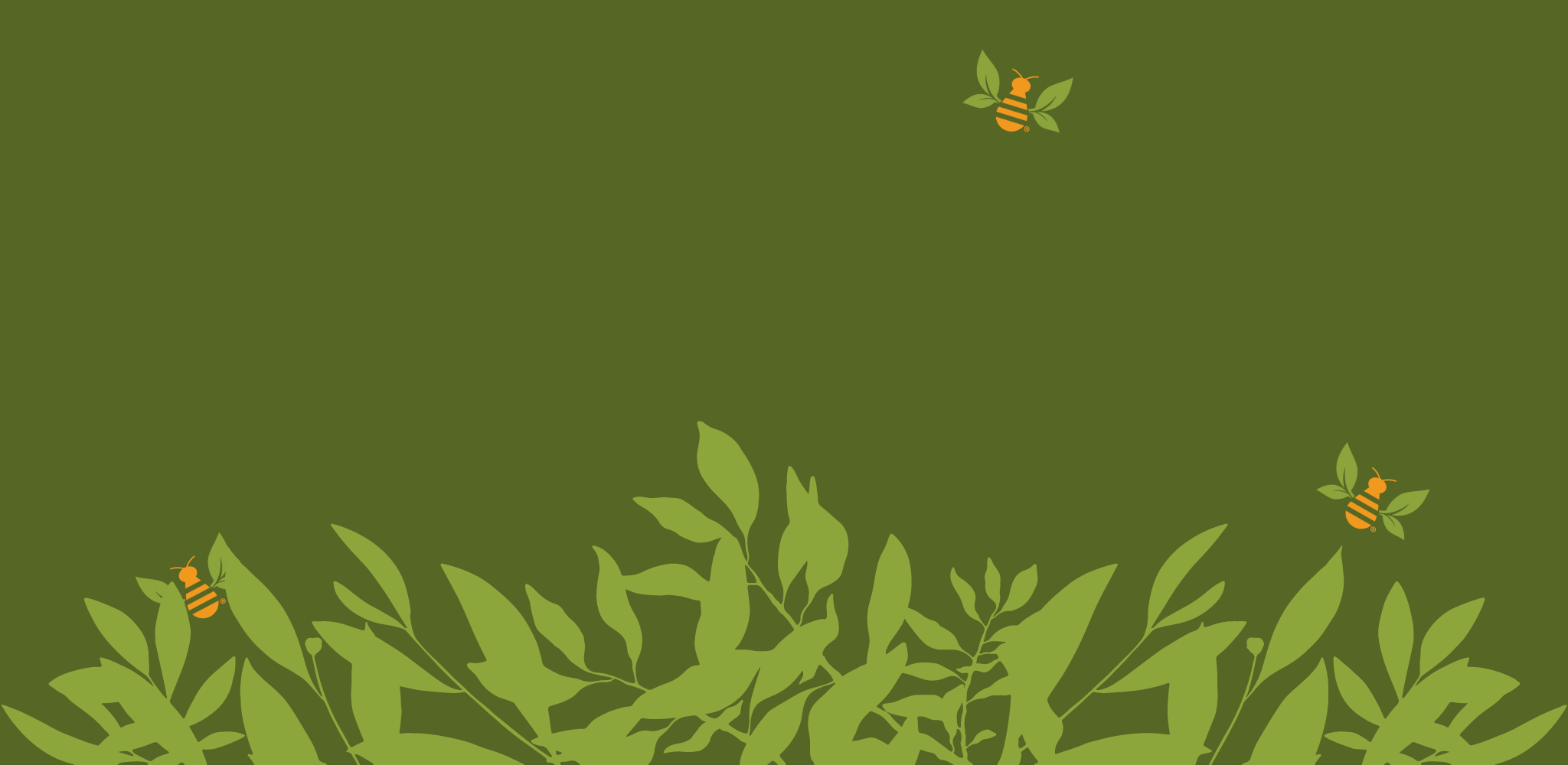 Green background with leaves and flowers and little "tea bees" pollinating