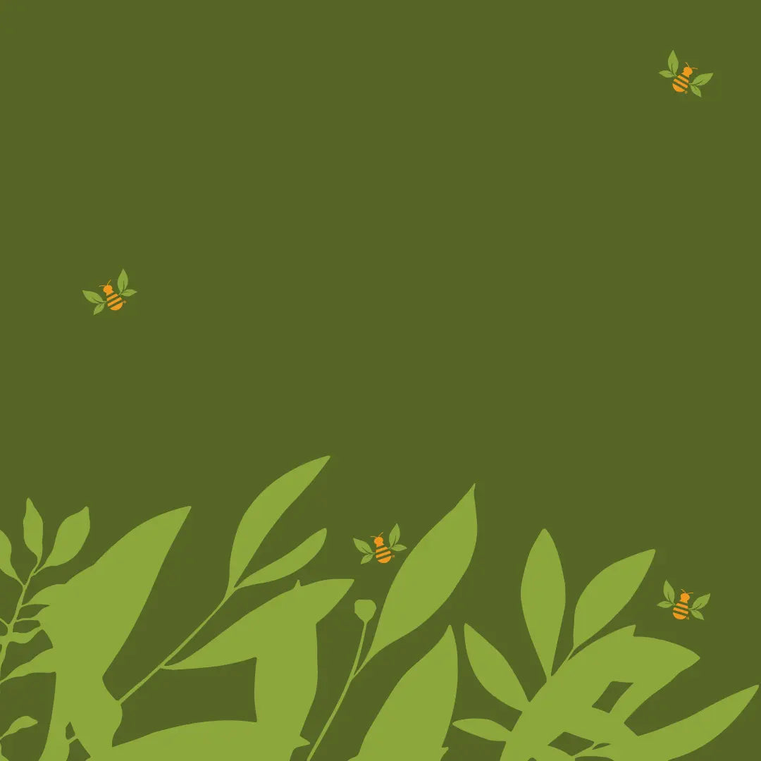 Green background with leaves and flowers and little "tea bees" pollinating