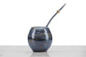 blue and brown clay hand thrown yerba mate gourd with bombilla