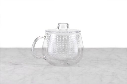 clear glass brew in mug with infuser and top