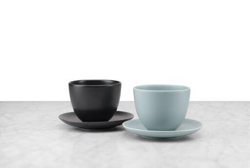 black and mint green minimalist handled tea cups with saucers