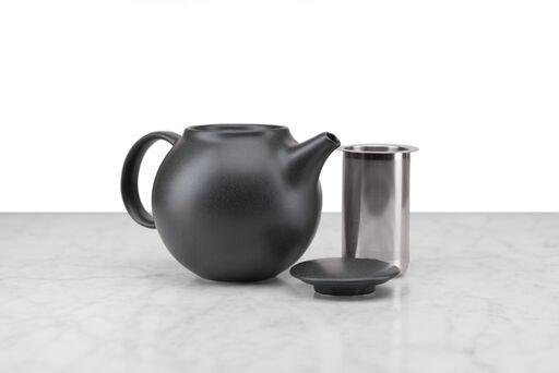 black minimalist teapot with lid and infuser