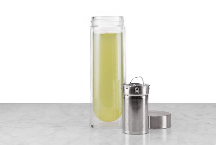 glass travel tumbler with tea side by side with infuser and top