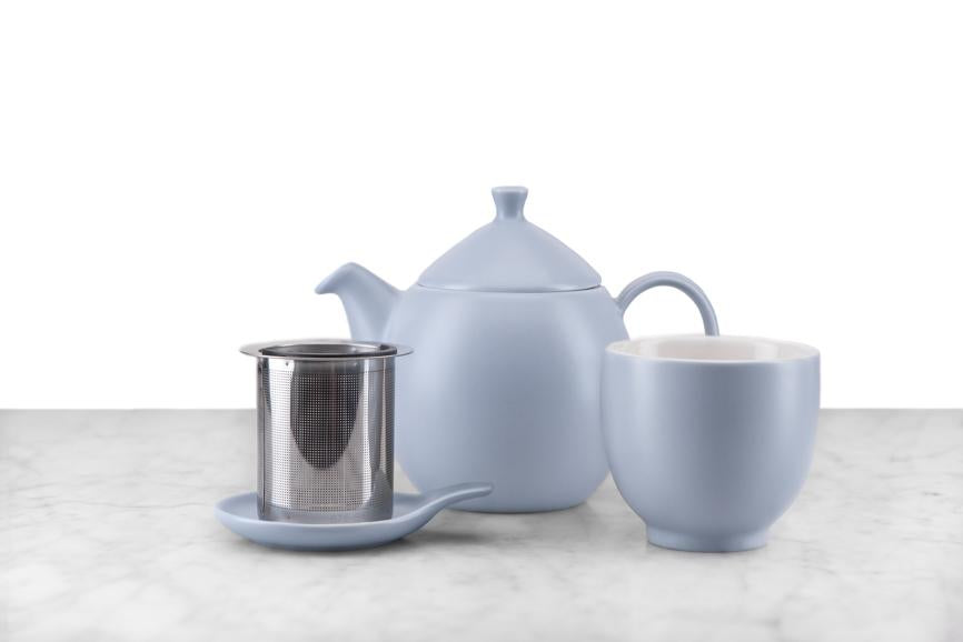 full western-style tea set with lavender-gray teapot, infuser basket, infuser holder, and handless teacup