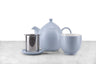 lavender-gray tea pot, tea cup, infuser basket, and infuser basket holder/rest set