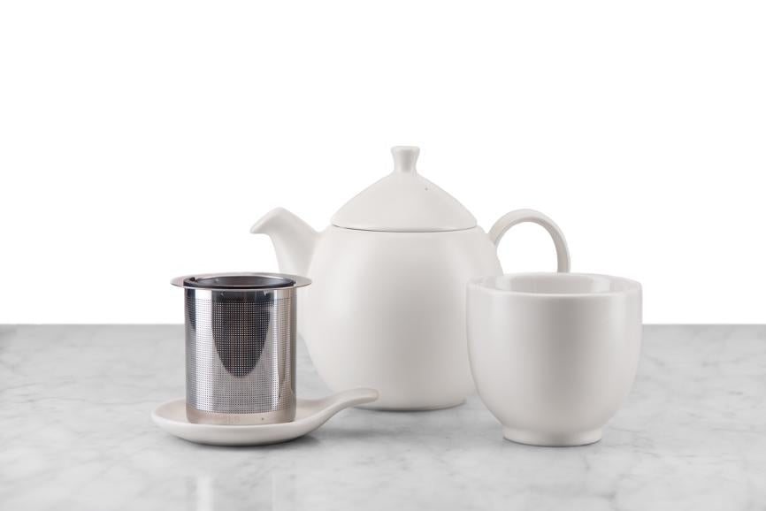 full western-style tea set with off-white teapot, infuser basket, infuser holder, and handless teacup