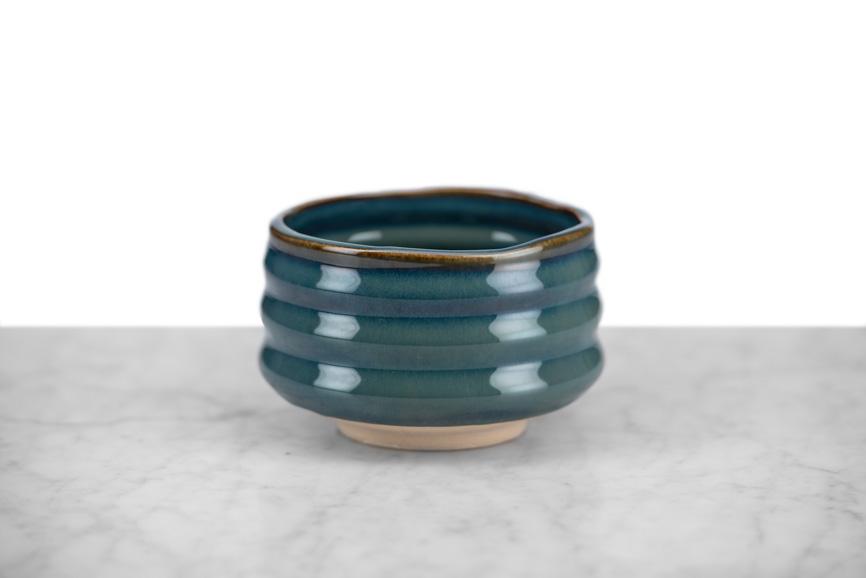 blue green wide mouthed tea bowl for matcha
