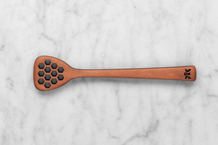 cherry wood honey dipper with laser cut saratoga tea and honey co tea bee motif